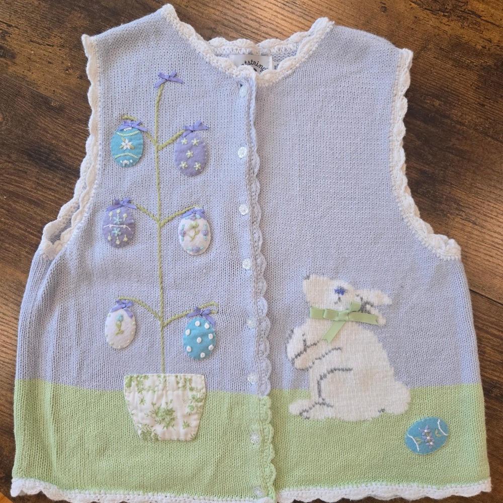 Hartstrings Girls Easter Bunny Egg Tree Knit Vest Blue Green Size 10/12 Vintage